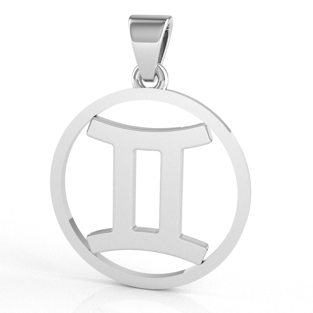 Gemini Zodiac Sign Round Bezel Pendant In Solid 10K White Gold