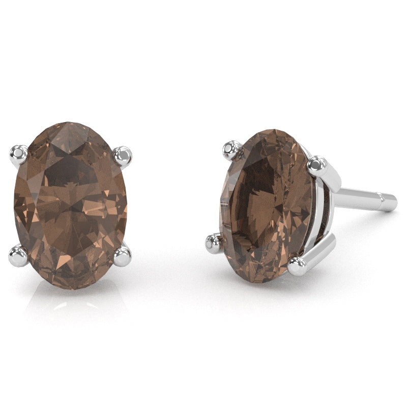 Smoky Quartz 8x6mm Oval Stud Earrings in 14k White Gold