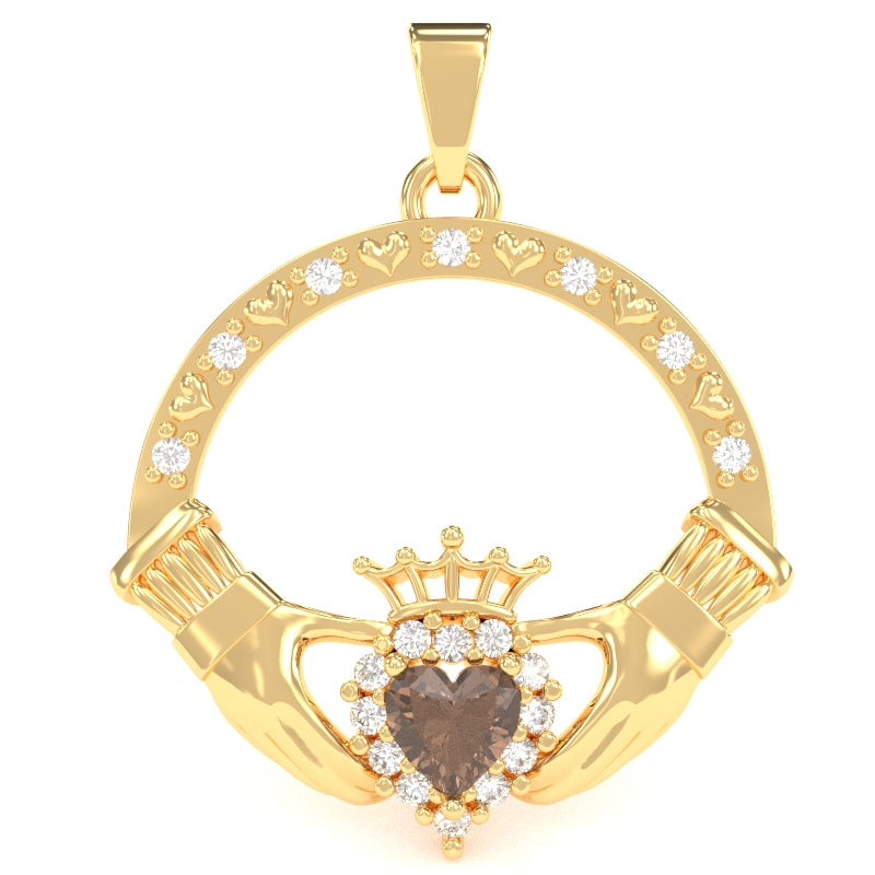 Smoky Quartz Diamond Claddagh Pendant in 14k Yellow Gold