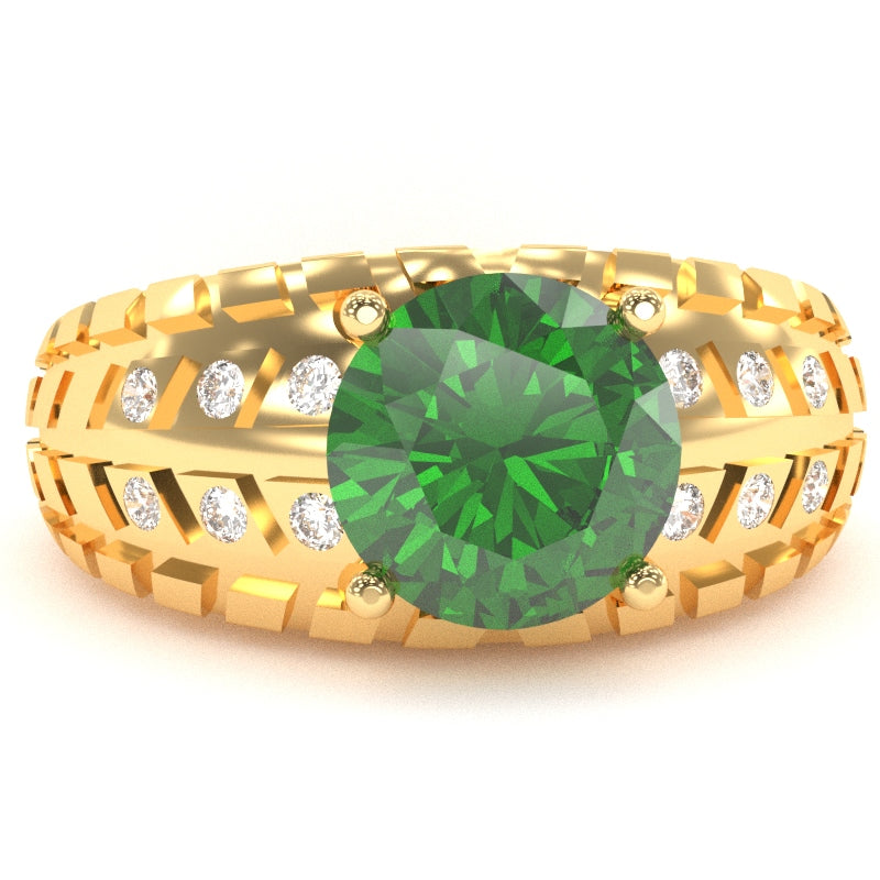 Men's Tire Tread Lab-Created Emerald Diamond Ring In Solid 14k Yellow Gold