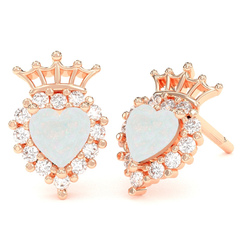 Opal Diamond Claddagh Motive Stud Earrings in 14k Rose Gold