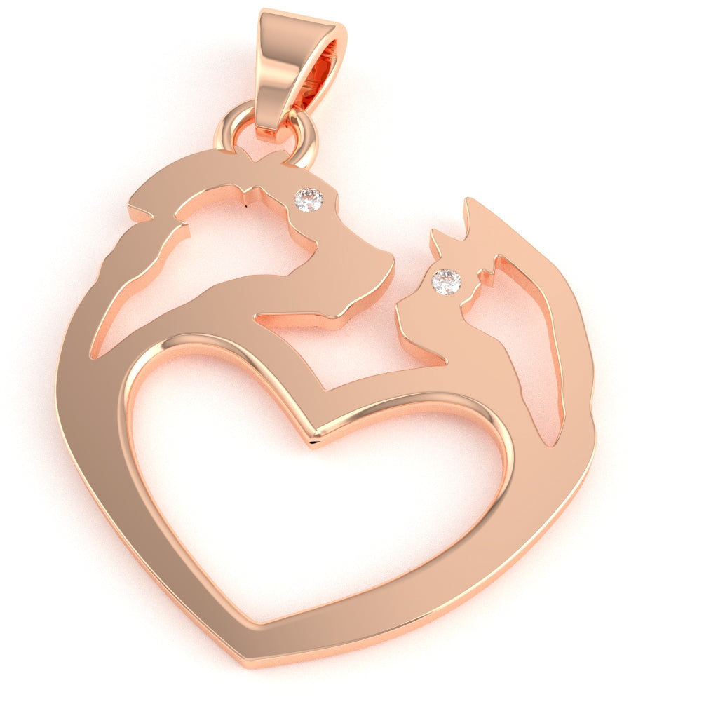 Dog And Cat Diamond-Heart Pendant In Solid 14k Rose Gold