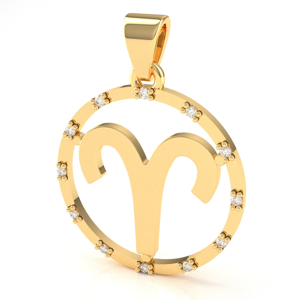 Aries Zodiac Sign Diamond Bezel Pendant In Solid 14K Yellow Gold