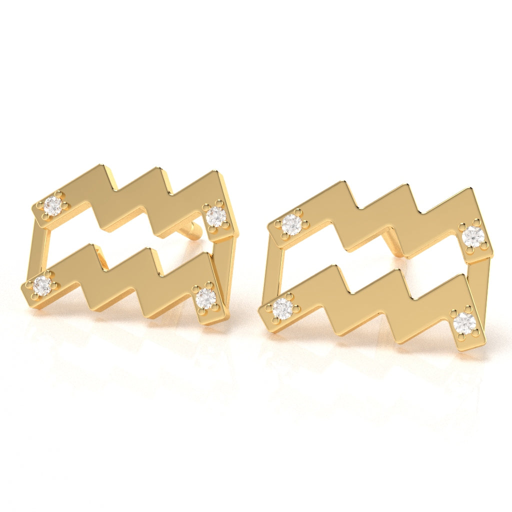 Aquarius Zodiac Sign Diamond Stud Earrings In Solid 10K Yellow Gold