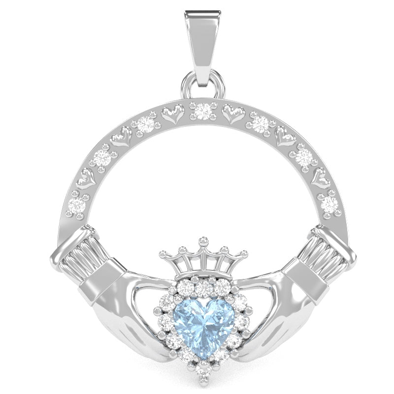 Aquamarine Diamond Claddagh Pendant in 14k White Gold