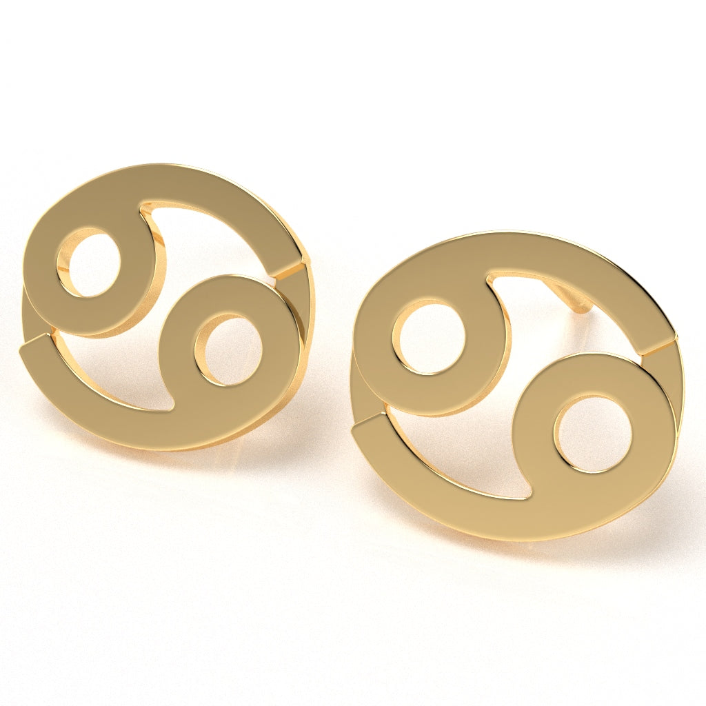 Cancer Zodiac Sign Stud Earrings In Solid 10K Yellow Gold