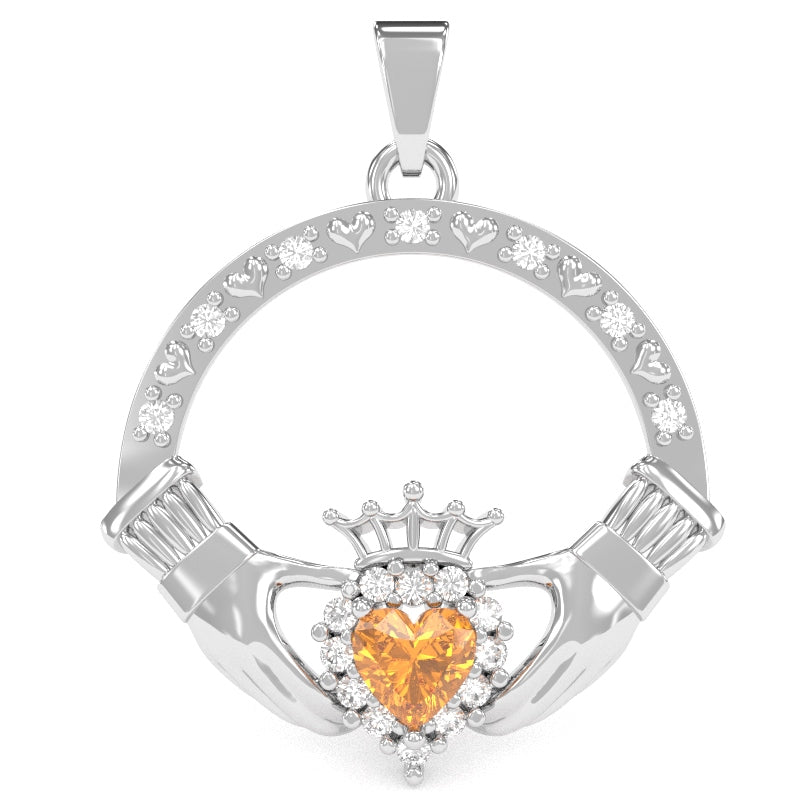 Citrine Diamond Claddagh Pendant in 14k White Gold