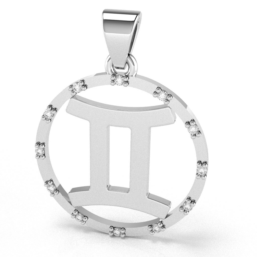Gemini Zodiac Sign Diamond Bezel Pendant In Solid 14K White Gold