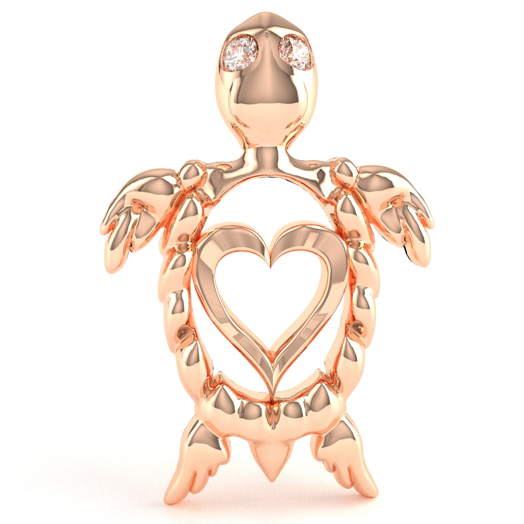 Sea Turtle Love Heart Diamond Pendant In Solid Solid 14k Rose Gold
