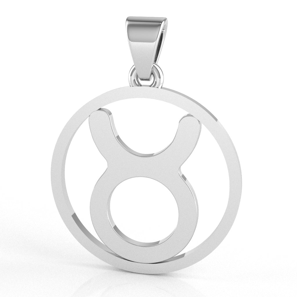 Taurus Zodiac Sign Round Bezel Pendant In Solid 14K White Gold
