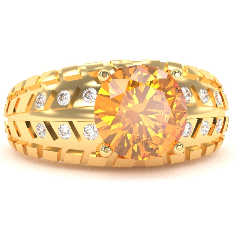 Men's Tire Tread Citrine Diamond Ring In Solid 14k Yellow Gold