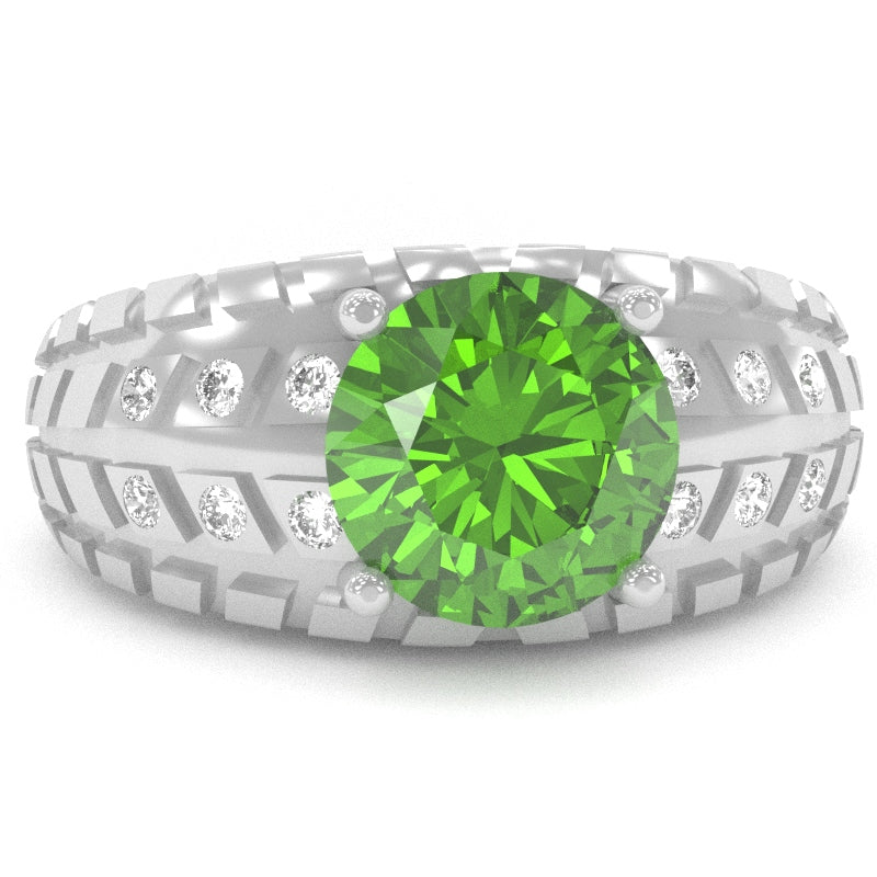 Men's Tire Tread Peridot Diamond Ring In Solid 14k White Gold