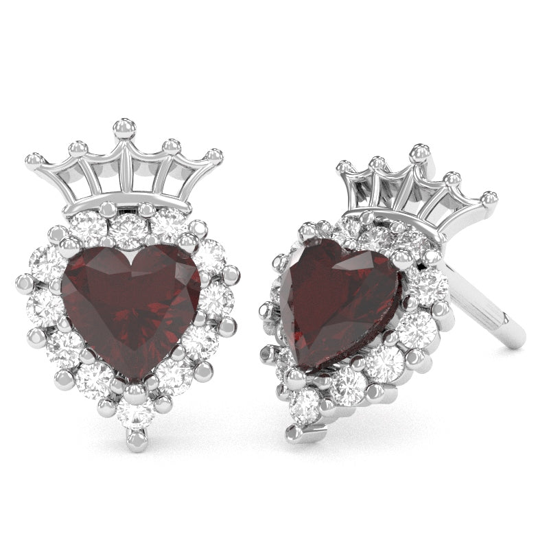 Garnet Diamond Claddagh Motive Stud Earrings in 14k White Gold