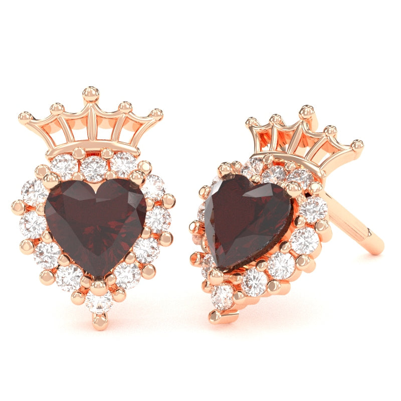 Garnet Diamond Claddagh Motive Stud Earrings in 14k Rose Gold