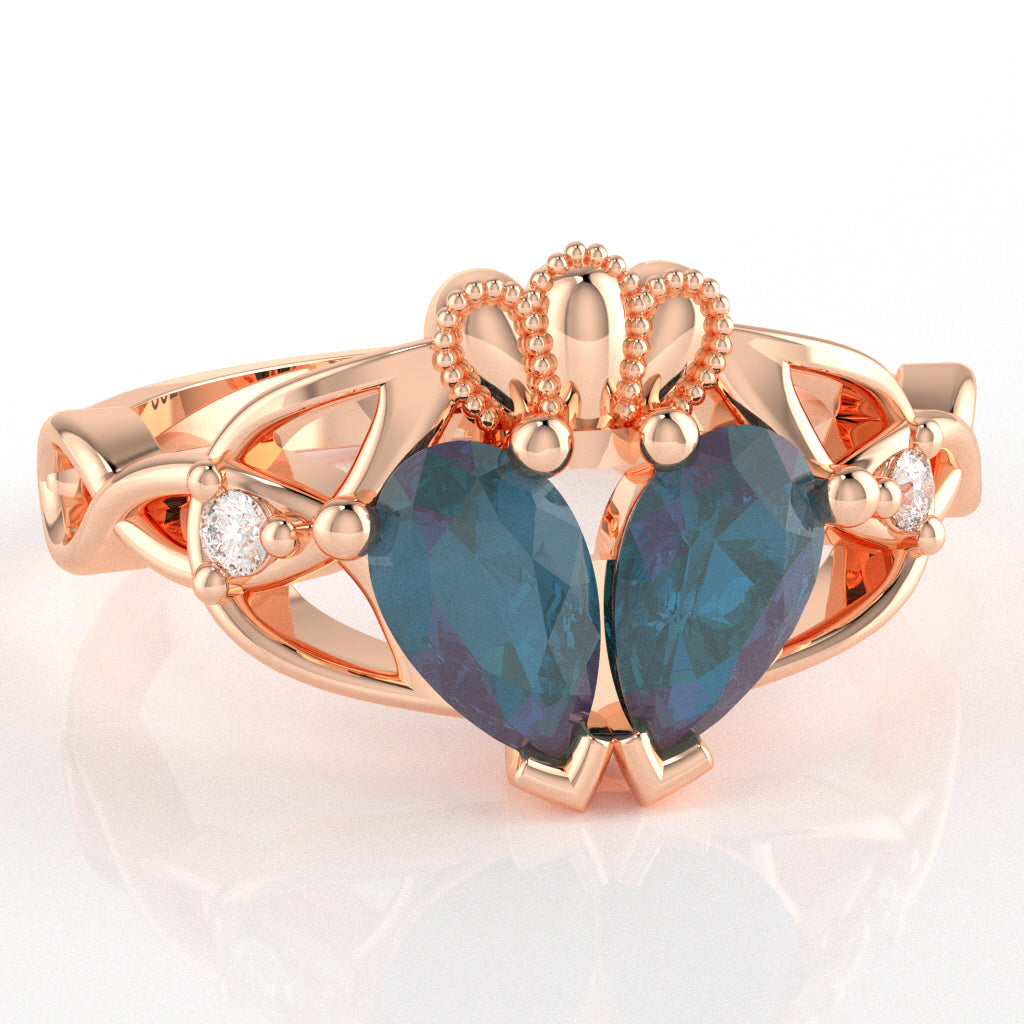 Lab-Created Alexandrite Diamond Celtic Knot Heart Claddagh Ring In 10k Rose Gold