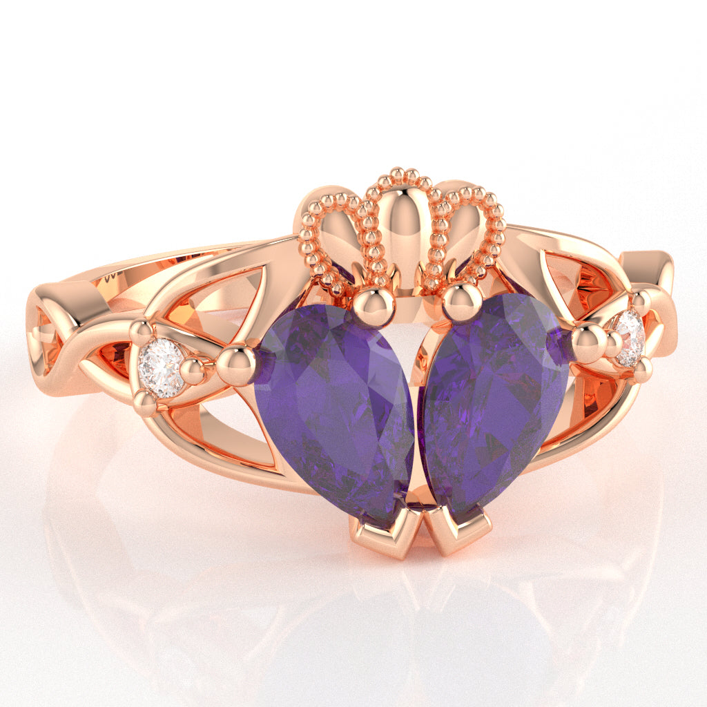 Amethyst Diamond Celtic Knot Heart Claddagh Ring In 14k Rose Gold