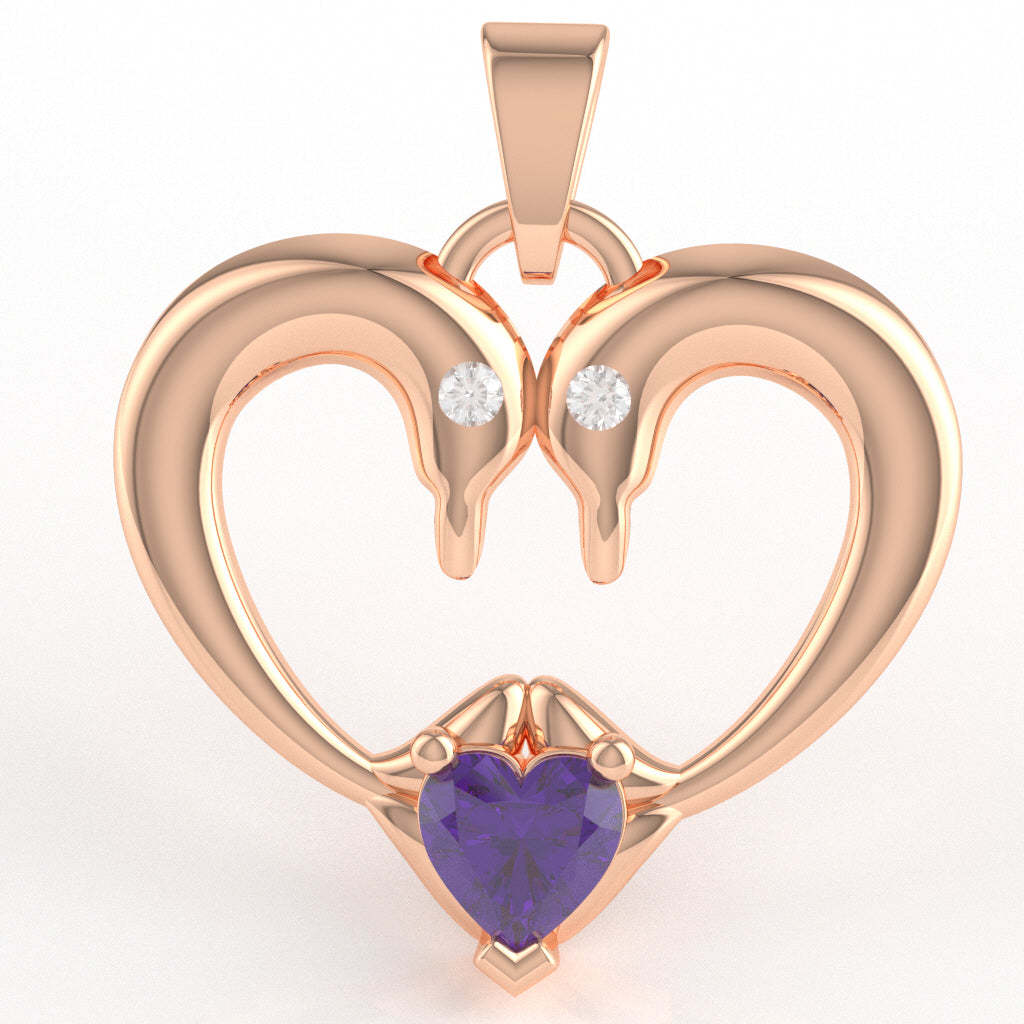 Amethyst Diamond 2 Dolphins Heart Love Pendant In 10k Rose Gold