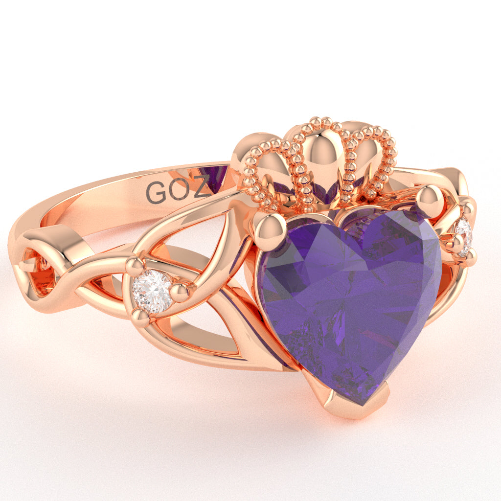 Celtic Trinity Knot Claddagh Heart Amethyst Diamond Ring In 10k Rose Gold