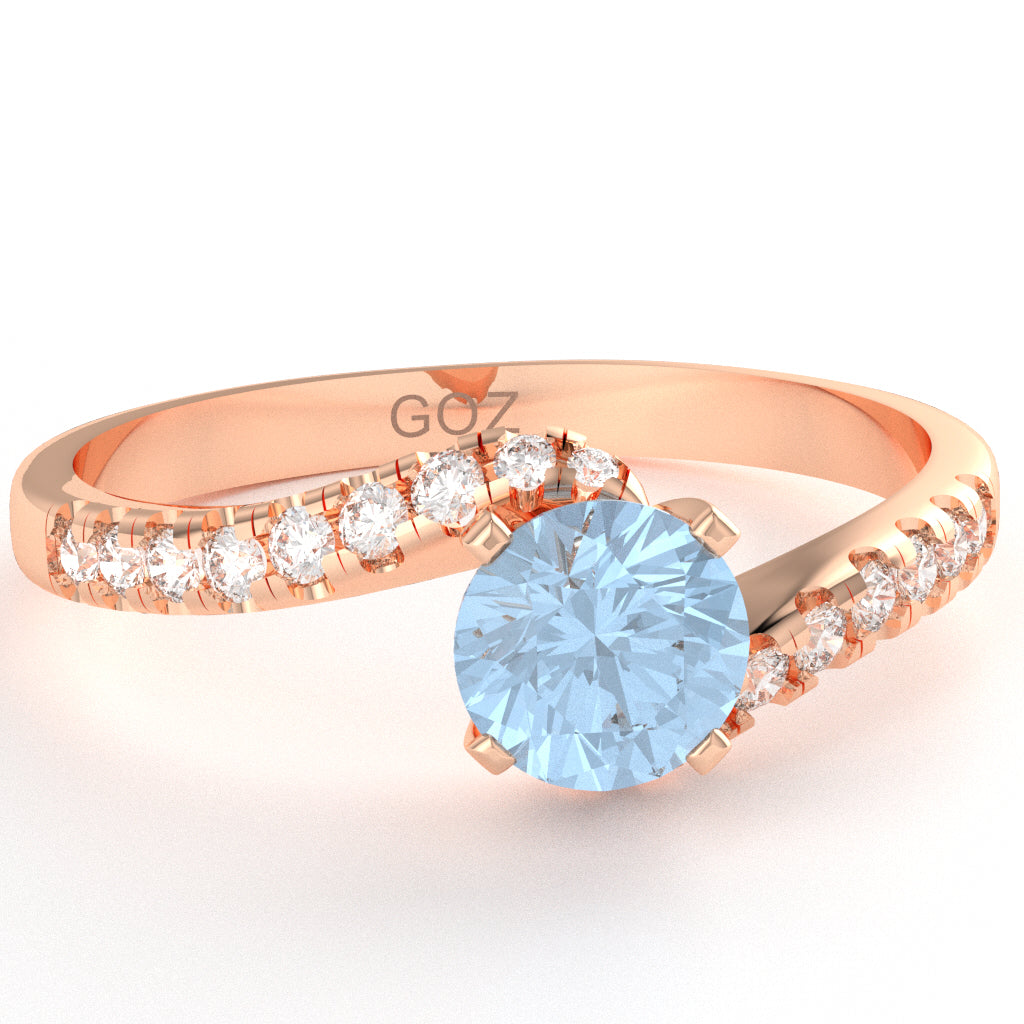 Aquamarine Diamond Curly Dainty Engagement Ring In 10k Rose Gold