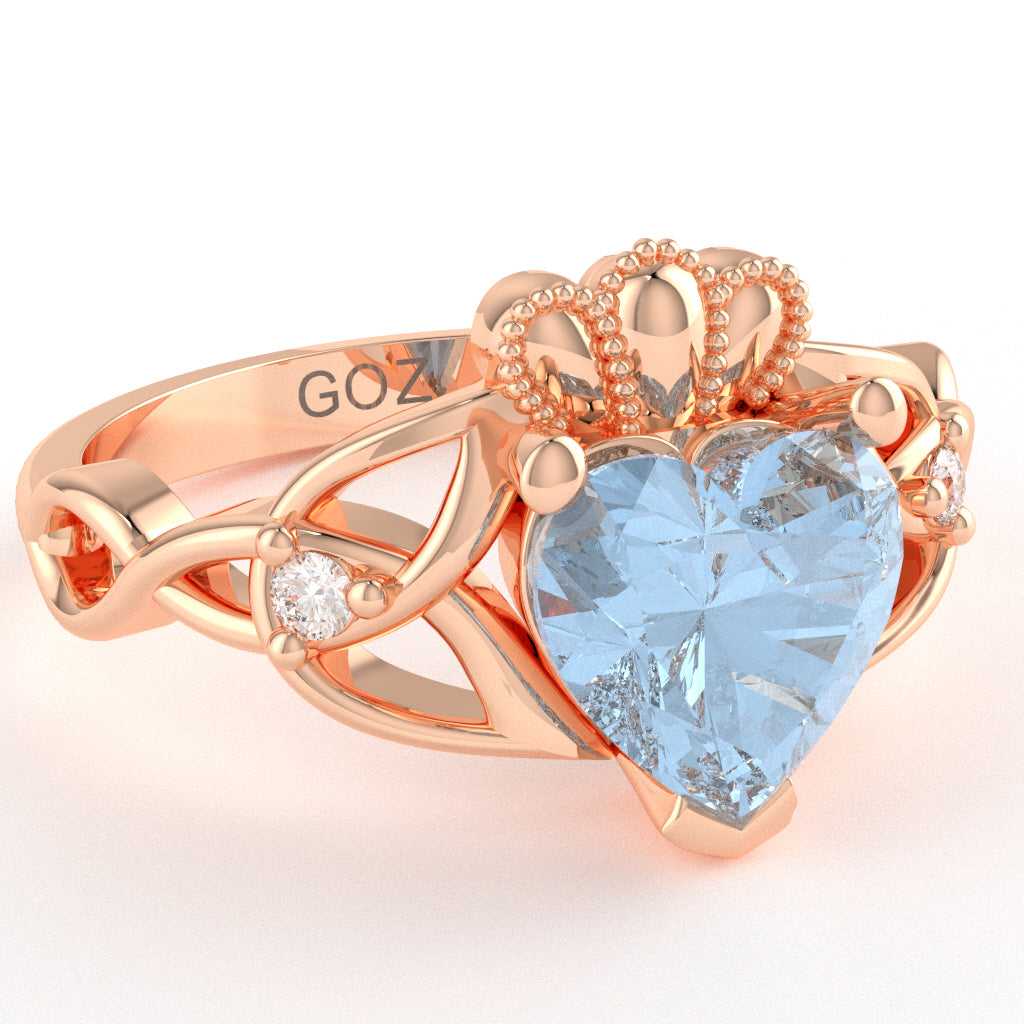Celtic Trinity Knot Claddagh Heart Aquamarine Diamond Ring In 14k Rose Gold