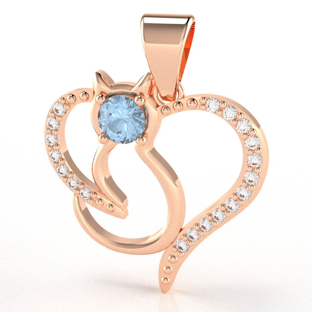 Aquamarine Diamond Cat Love Heart Pendant In 14k Rose Gold
