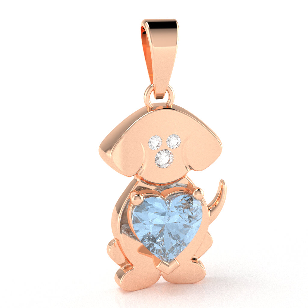 Aquamarine Diamond Puppy Love Heart Pendant In 14k Rose Gold
