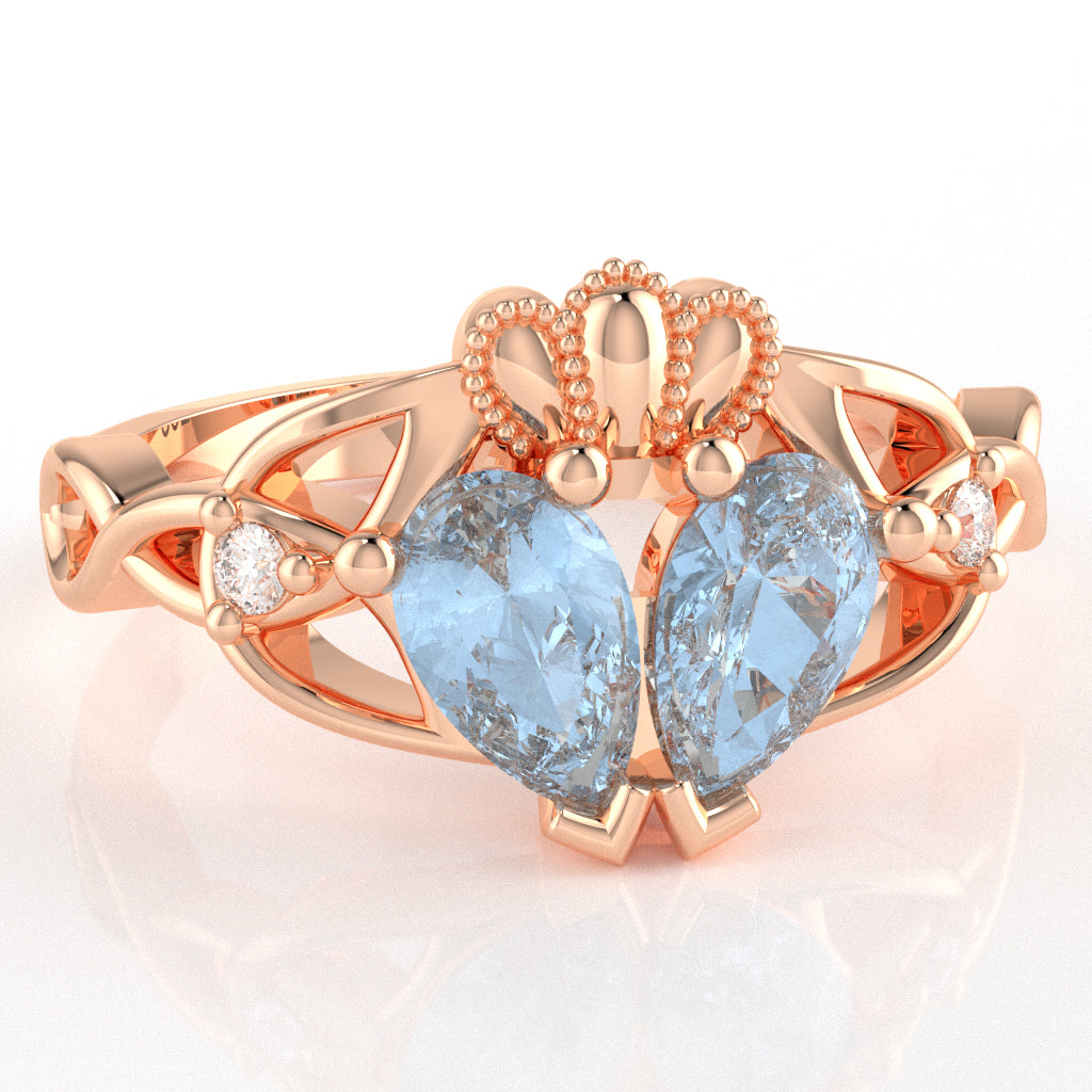 Aquamarine Diamond Celtic Knot Heart Claddagh Ring In 10k Rose Gold