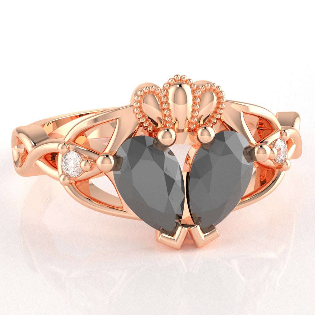 Black Onyx Diamond Celtic Knot Heart Claddagh Ring In 10k Rose Gold
