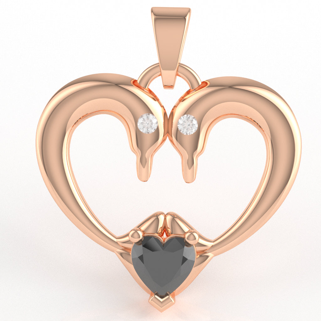 Black Onyx Diamond 2 Dolphins Heart Love Pendant In 10k Rose Gold