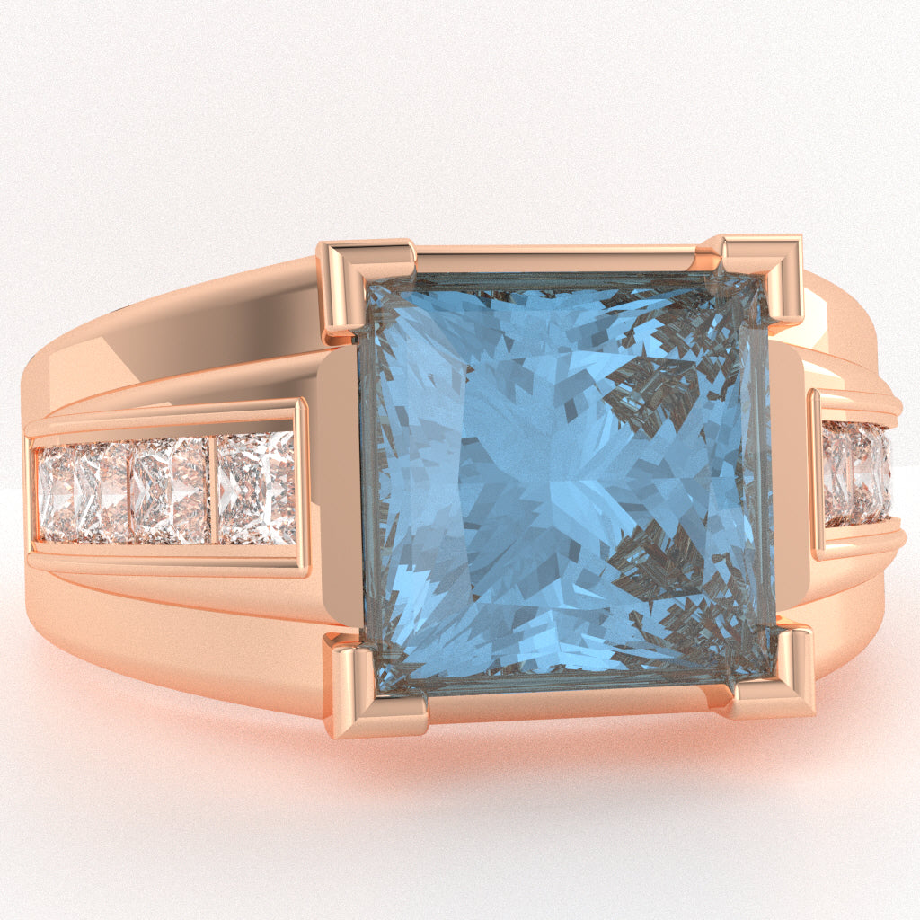 Men's Big Daddy Blue Topaz Lab-Grown Diamond Channel Ring In Solid 10k Rose Gold