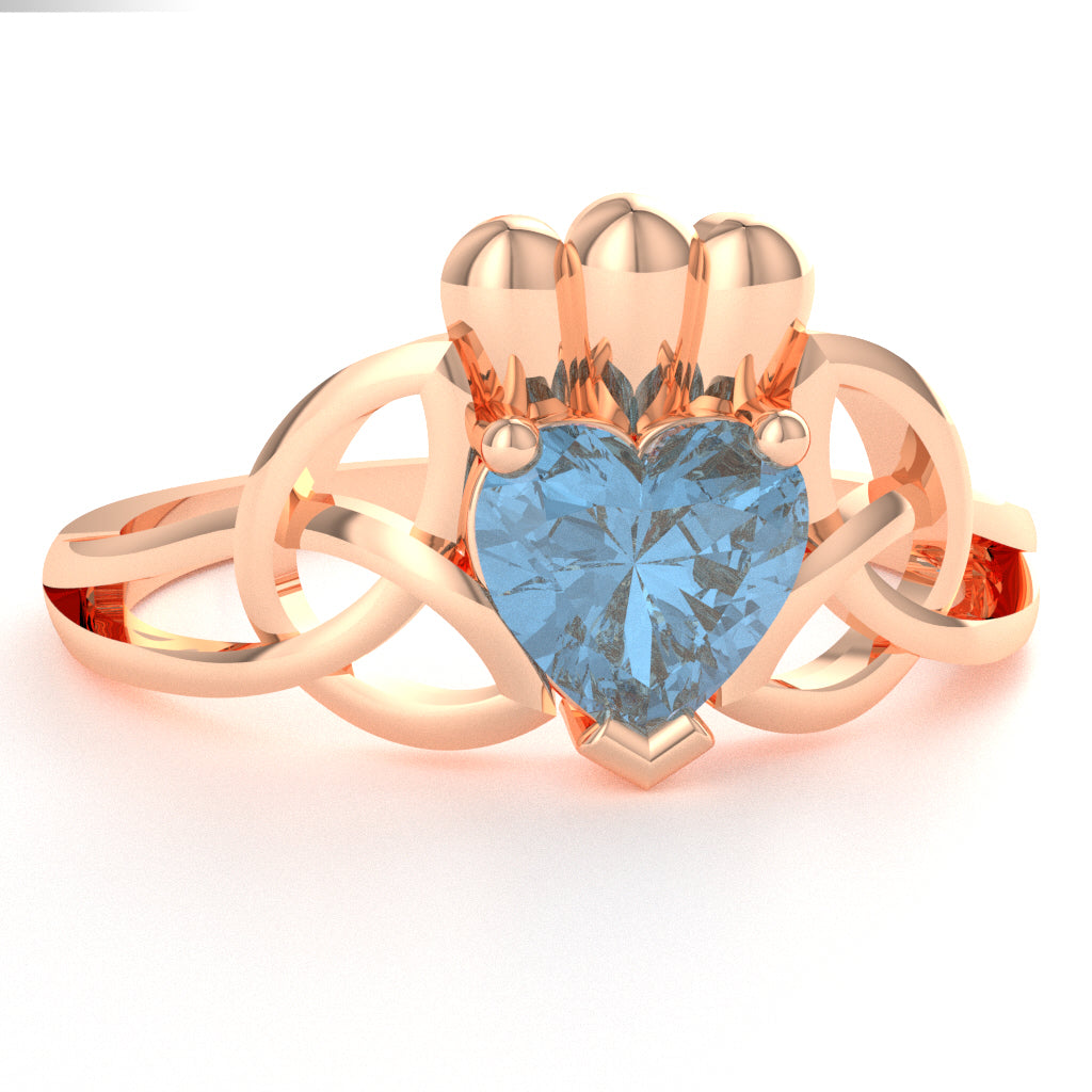 Celtic Trinity Knot Claddagh Blue Topaz Engagement Ring In 14k Rose Gold