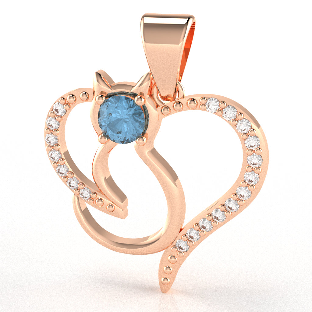 Blue Topaz Diamond Cat Love Heart Pendant In 14k Rose Gold