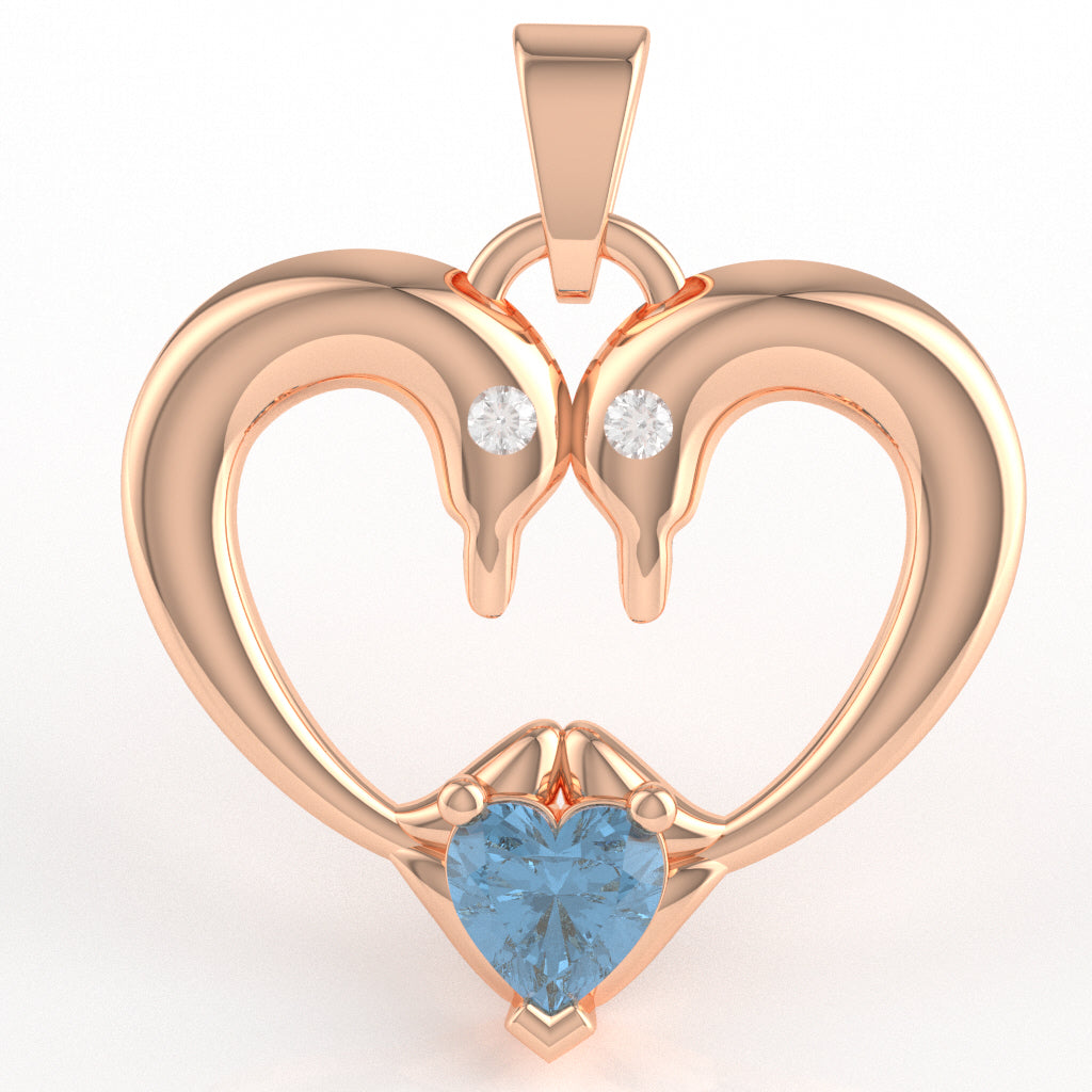 Blue Topaz Diamond 2 Dolphins Heart Love Pendant In 10k Rose Gold