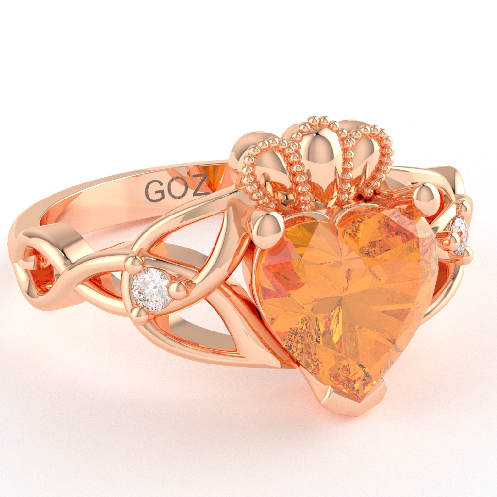 Celtic Trinity Knot Claddagh Heart Citrine Diamond Ring In 10k Rose Gold