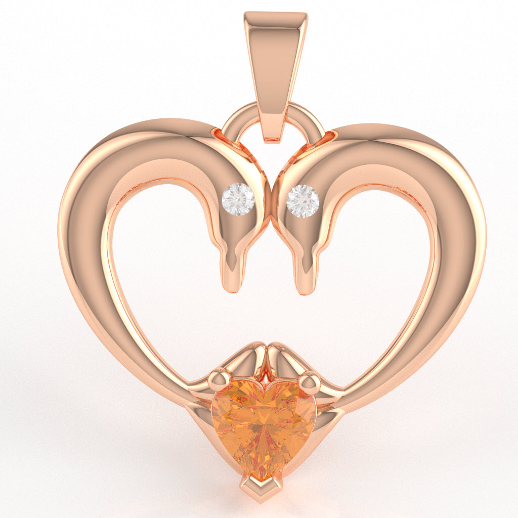 Citrine Diamond 2 Dolphins Heart Love Pendant In 10k Rose Gold