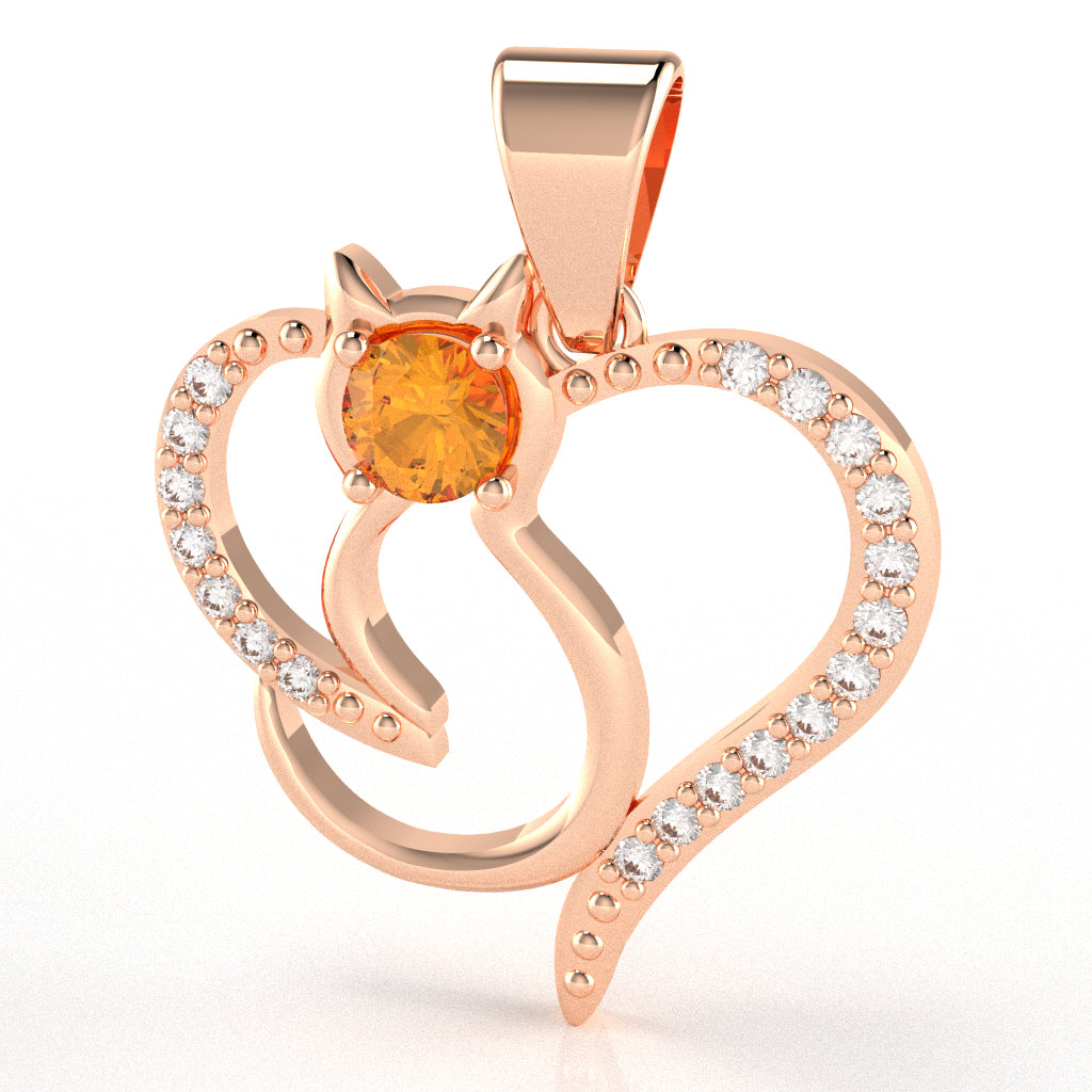 Citrine Diamond Cat Love Heart Pendant In 14k Rose Gold