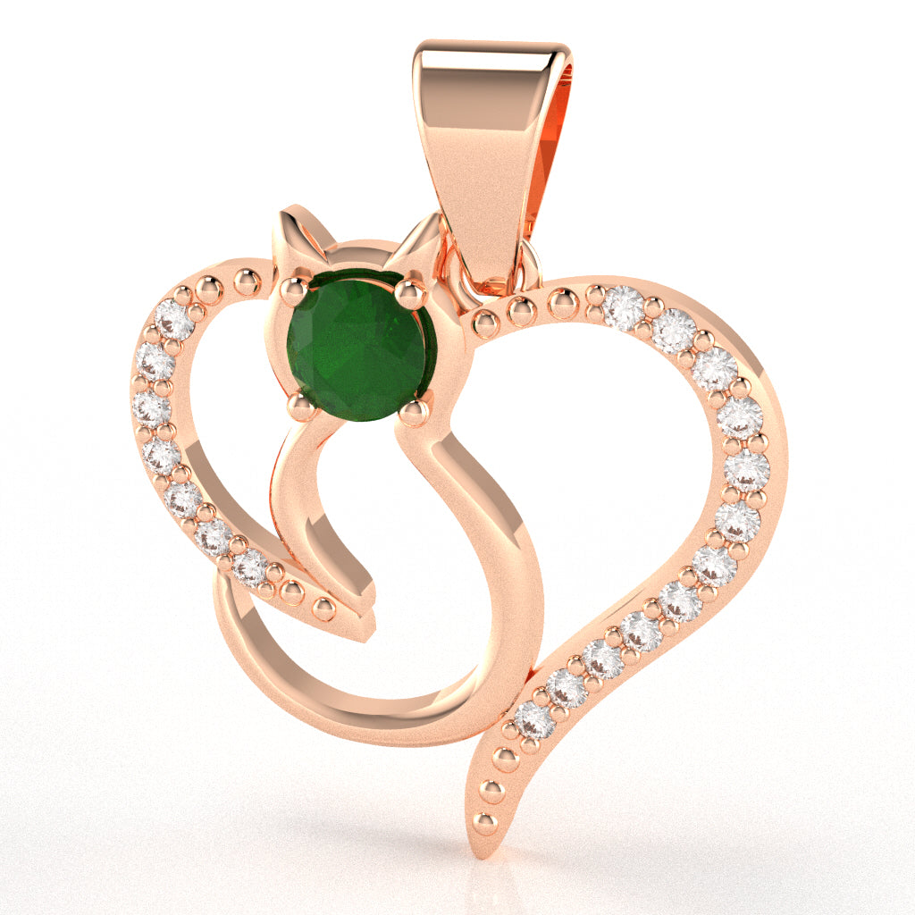 Emerald Diamond Cat Love Heart Pendant In 14k Rose Gold
