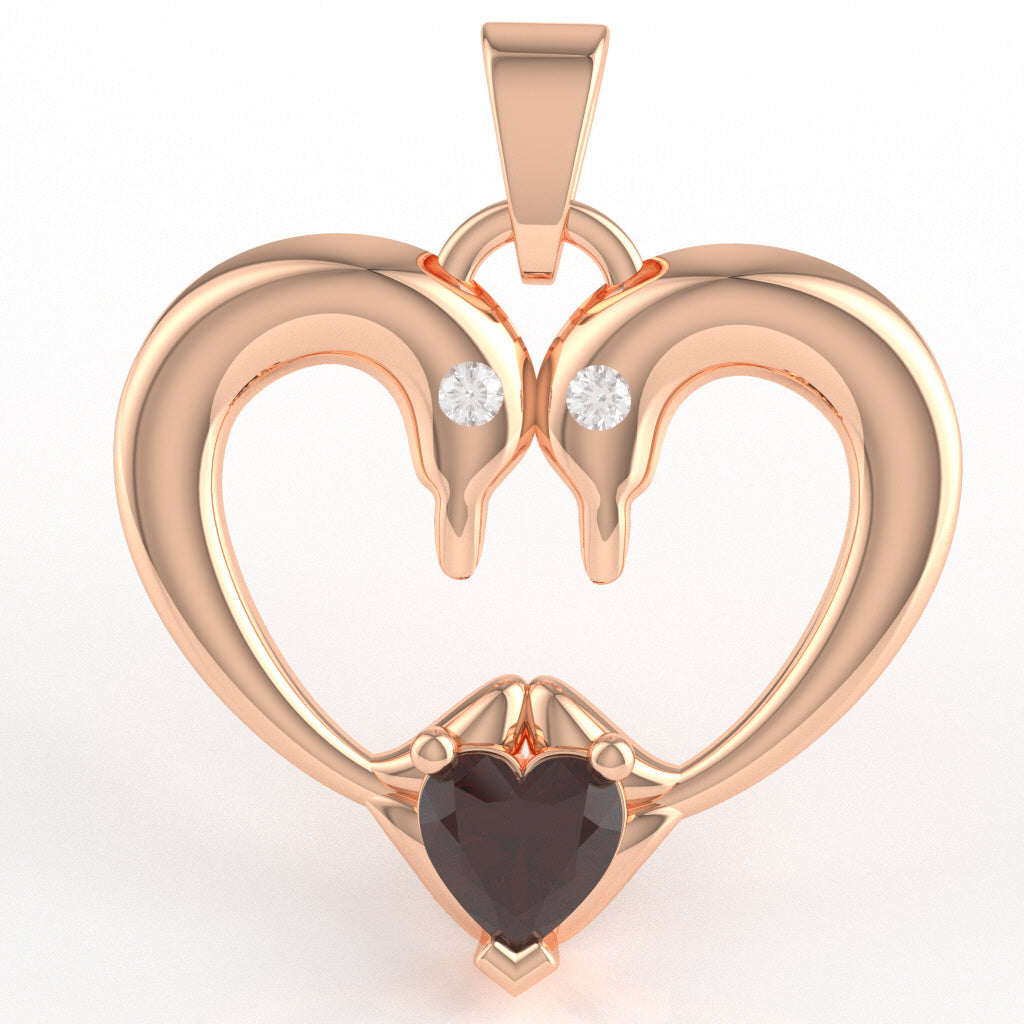 Garnet Diamond 2 Dolphins Heart Love Pendant In 14k Rose Gold