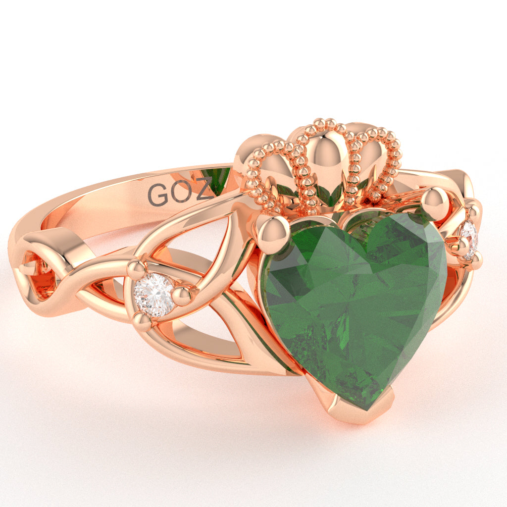 Celtic Trinity Knot Claddagh Heart Lab-Created Emerald Diamond Ring In 10k Rose Gold