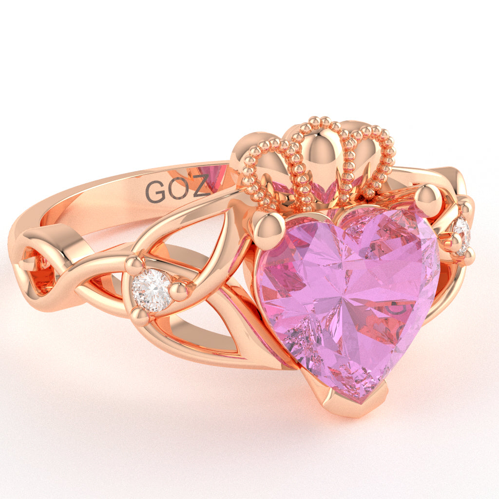 Celtic Trinity Knot Claddagh Heart Lab-Created Pink Sapphire Diamond Ring In 14k Rose Gold