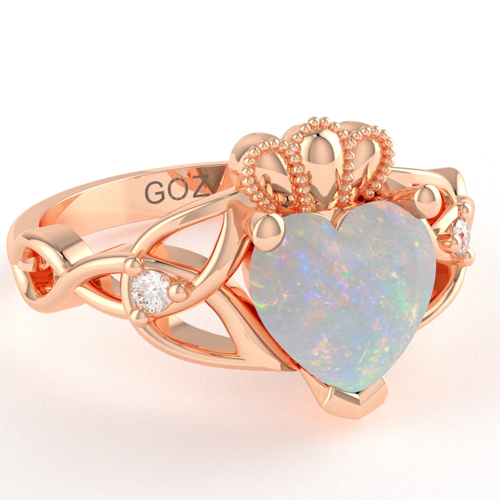 Celtic Trinity Knot Claddagh Heart Opal Diamond Ring In 14k Rose Gold