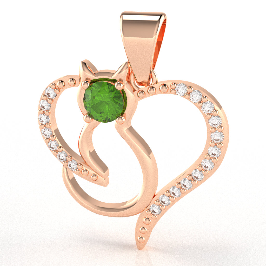 Peridot Diamond Cat Love Heart Pendant In 10k Rose Gold
