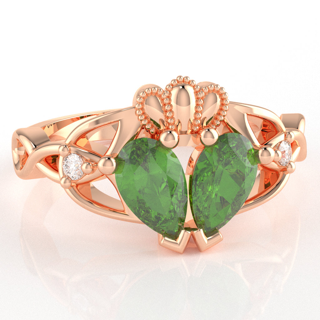 Peridot Diamond Celtic Knot Heart Claddagh Ring In 10k Rose Gold