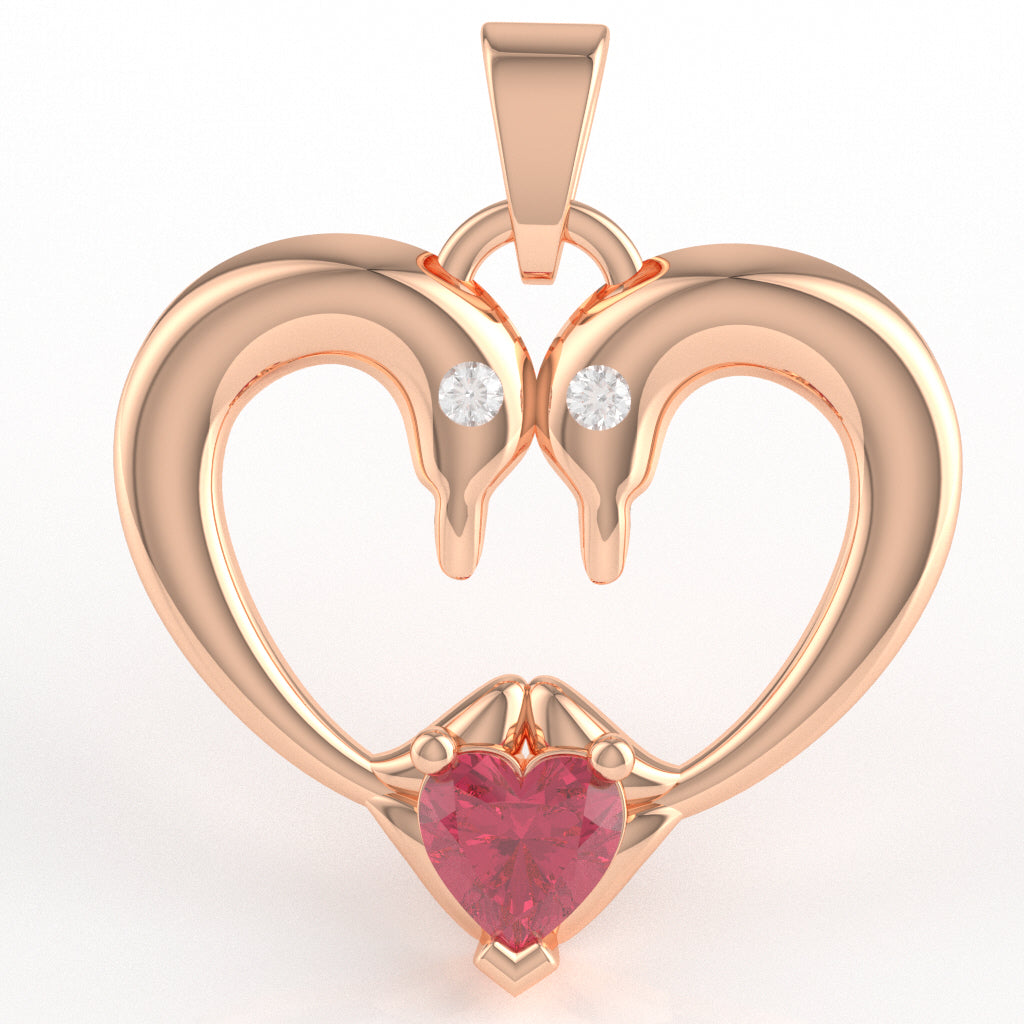 Pink Tourmaline Diamond 2 Dolphins Heart Love Pendant In 10k Rose Gold