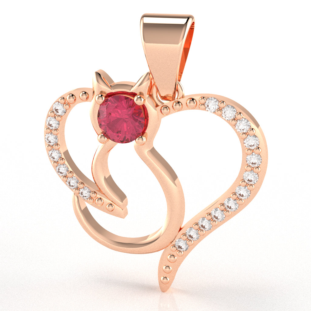 Pink Tourmaline Diamond Cat Love Heart Pendant In 14k Rose Gold