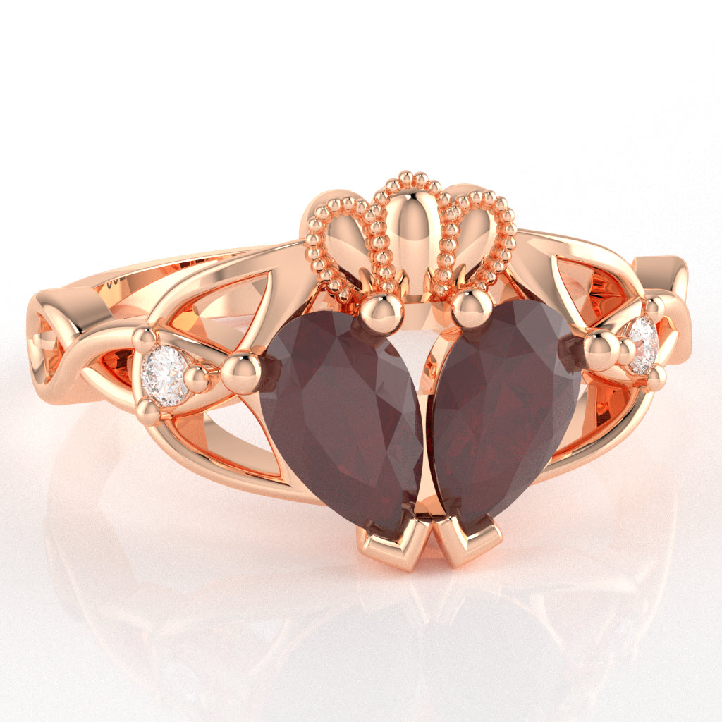 Ruby Diamond Celtic Knot Heart Claddagh Ring In 10k Rose Gold