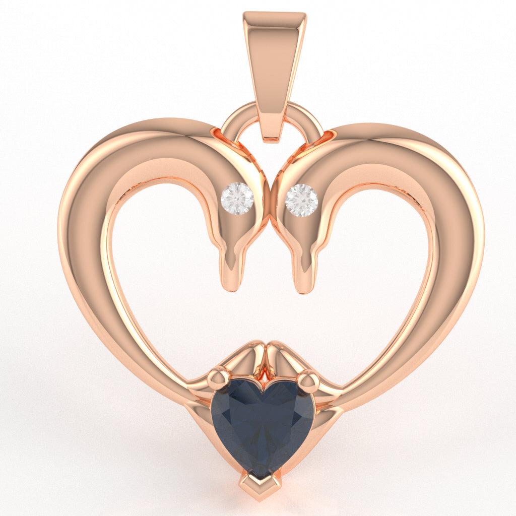 Lab-Created Sapphire Diamond 2 Dolphins Heart Love Pendant In 14k Rose Gold