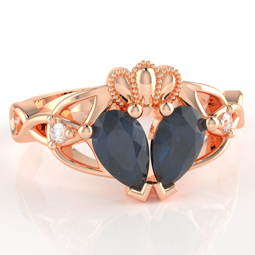 Sapphire Diamond Celtic Knot Heart Claddagh Ring In 14k Rose Gold