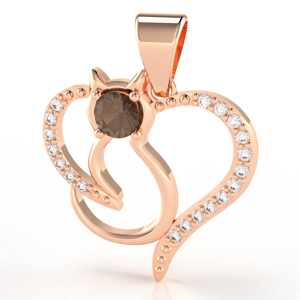 Smoky Quartz Diamond Cat Love Heart Pendant In 10k Rose Gold