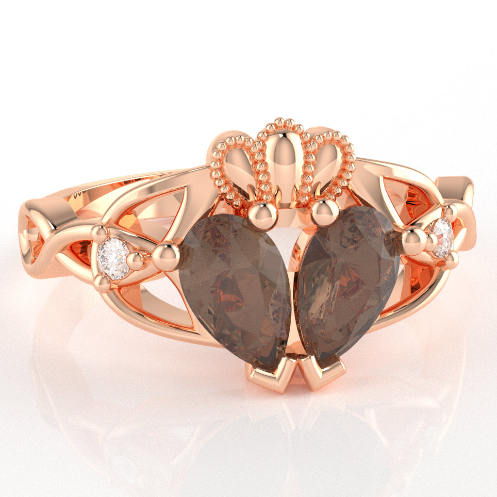 Smoky Quartz Diamond Celtic Knot Heart Claddagh Ring In 10k Rose Gold